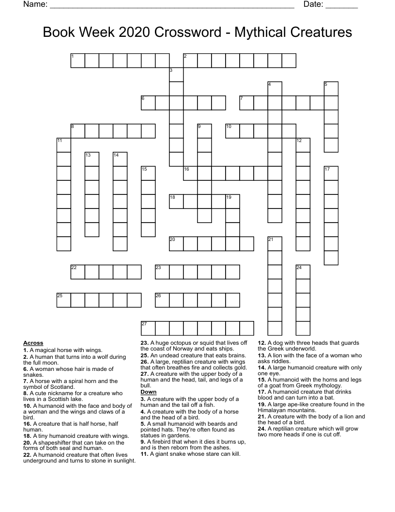 Book Week 2020 Crossword - Mythical Creatures 