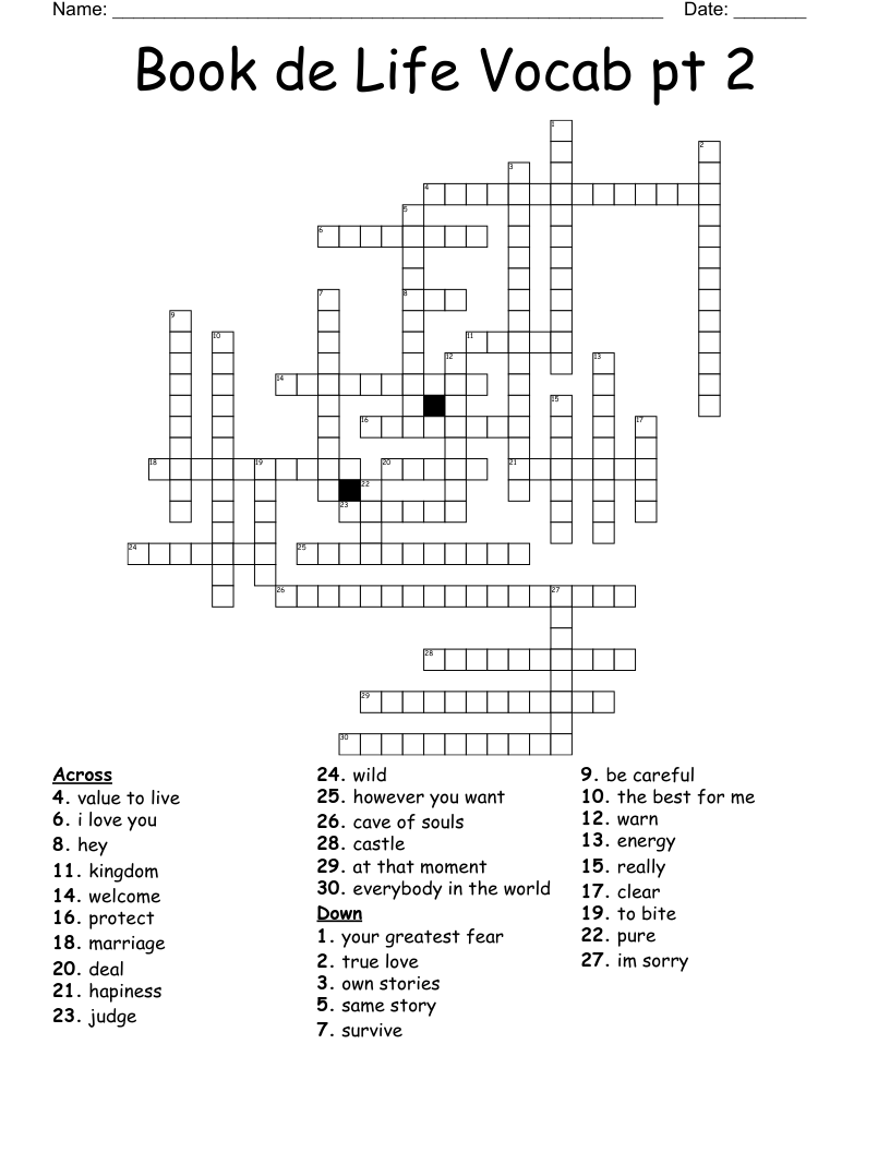 Book de Life Vocab pt 2 Crossword