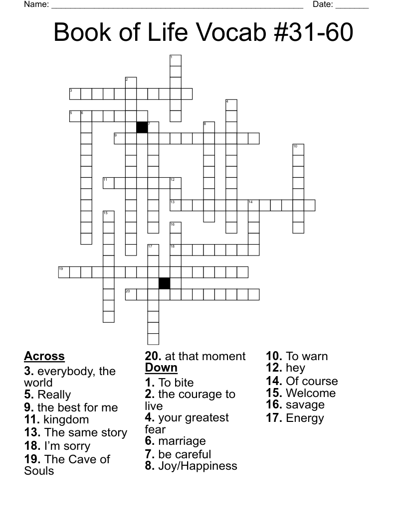 Book of Life Vocab #31-60 Crossword