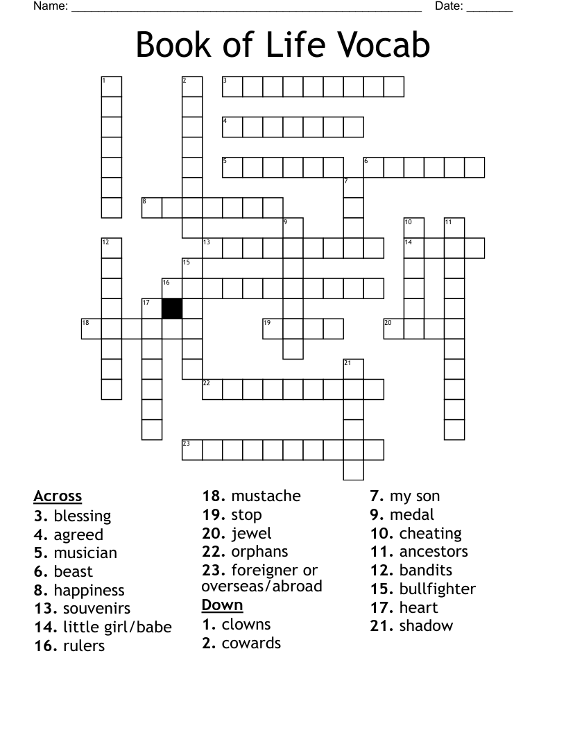 Book of Life Vocab Crossword