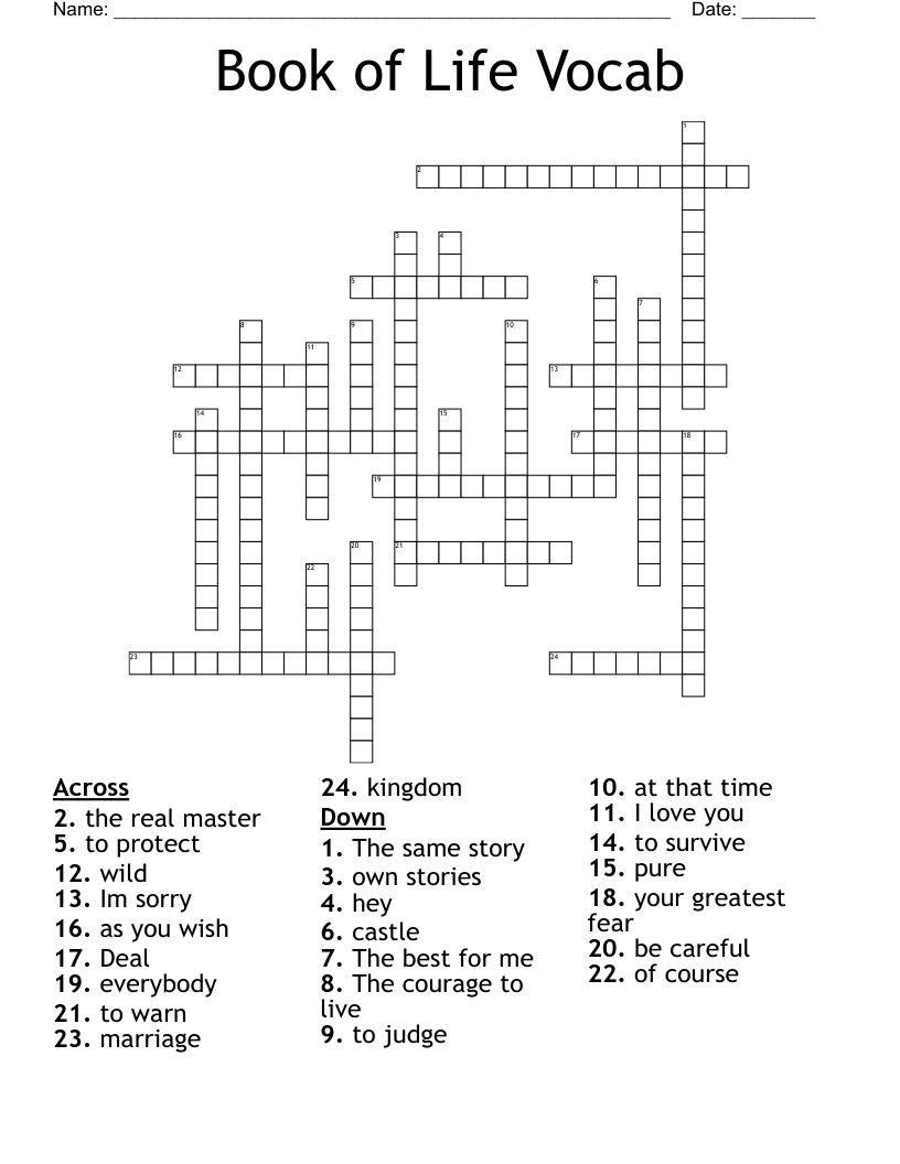 Book of Life Vocab Crossword