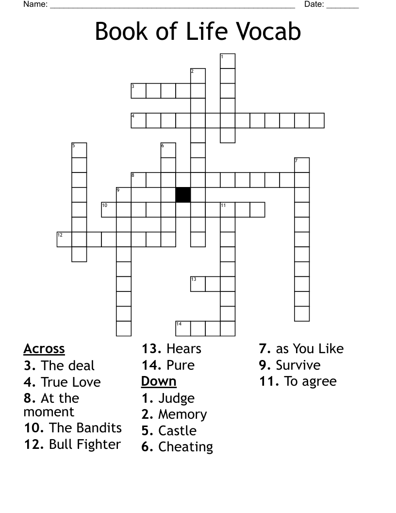 Book of Life Vocab Crossword