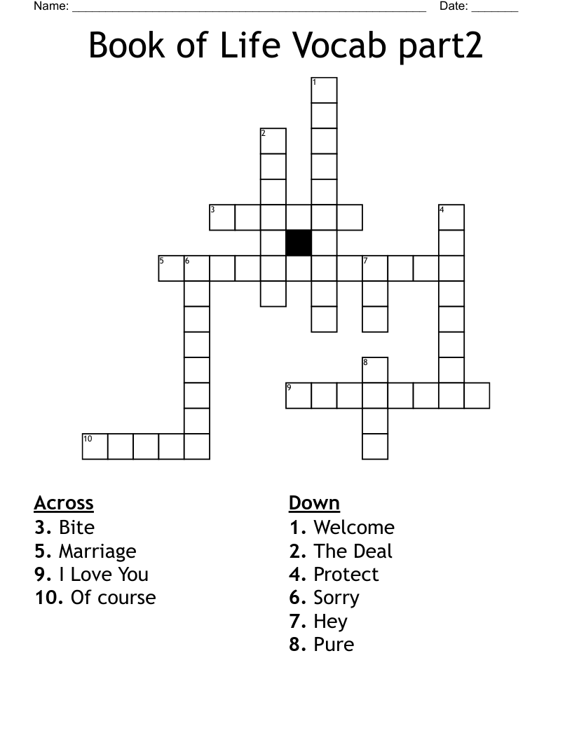 Book of Life Vocab part2  Crossword