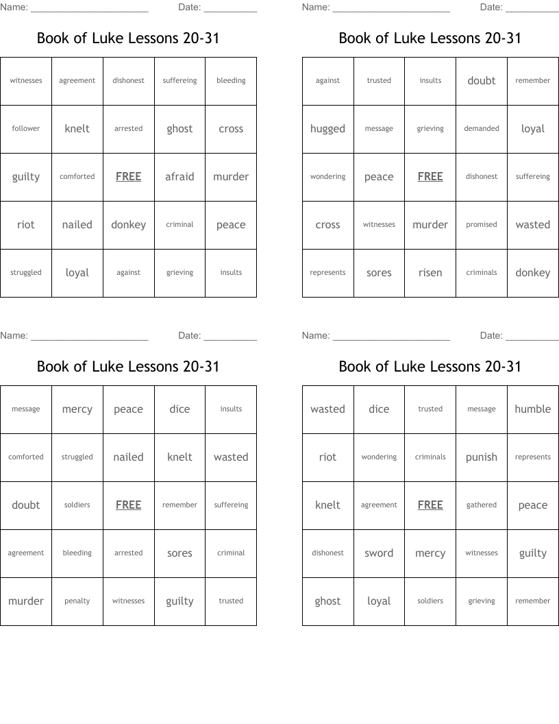 Book of Luke Lessons 20-31 Bingo Cards