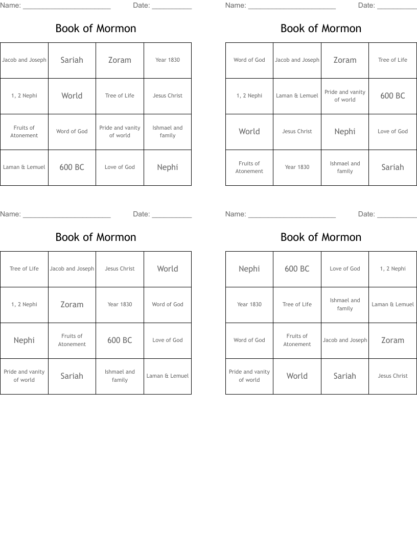 Book of Mormon Bingo Cards