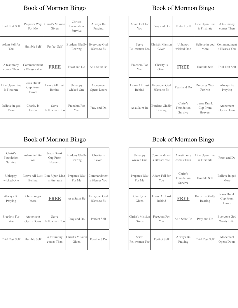 Book of Mormon Bingo