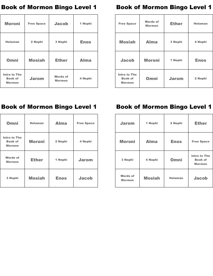 Book of Mormon Bingo Level 1