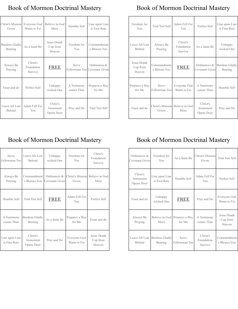 Book of Mormon Doctrinal Mastery Bingo Cards