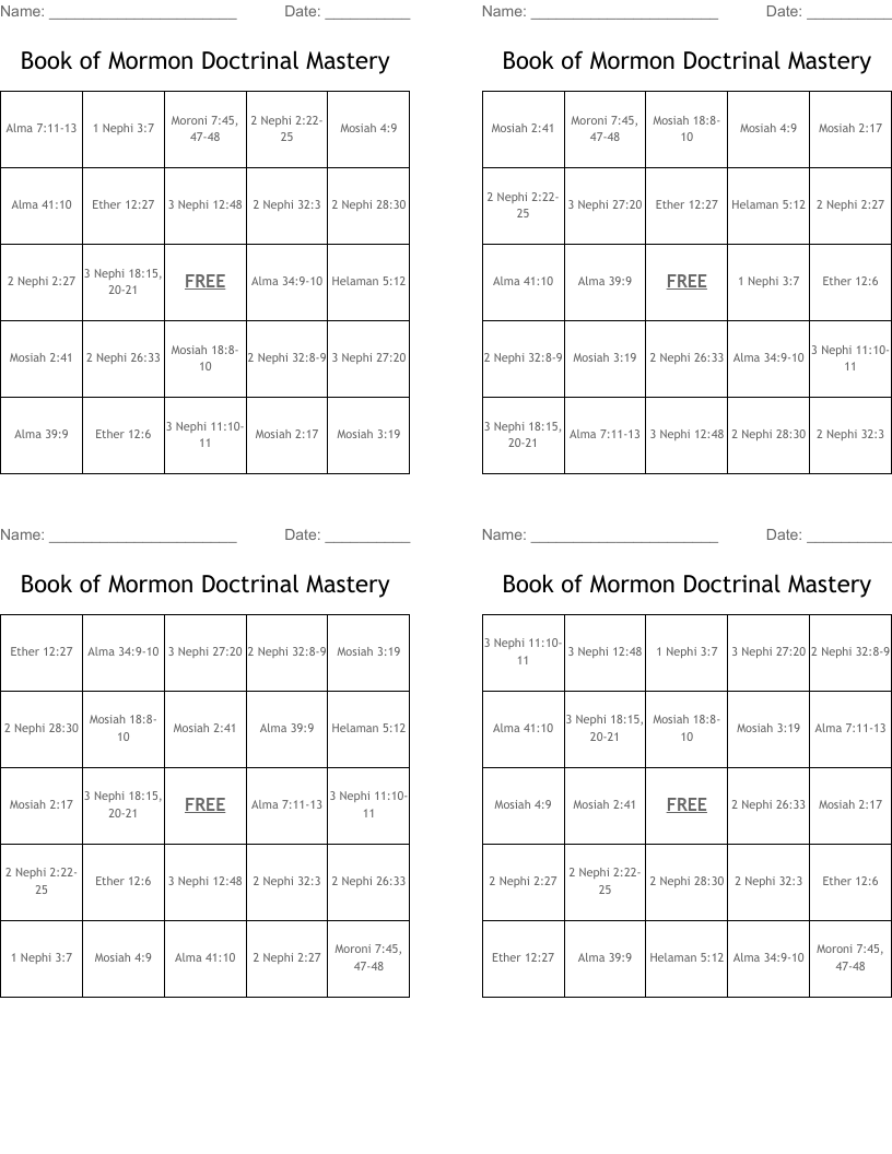 Book of Mormon Doctrinal Mastery Bingo Cards