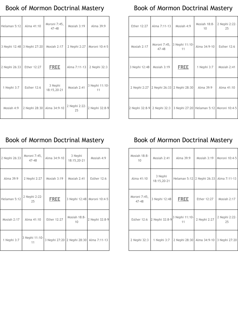 Book of Mormon Doctrinal Mastery Bingo Cards