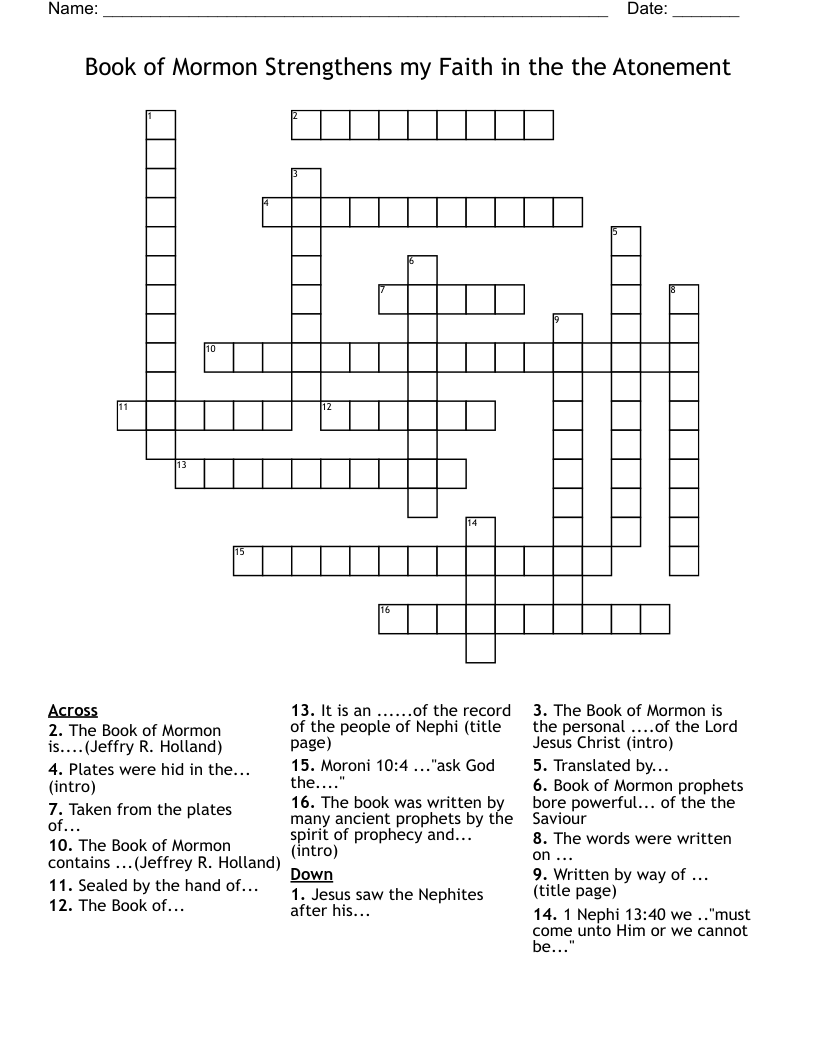Book of Mormon Strengthens my Faith in the the Atonement Crossword