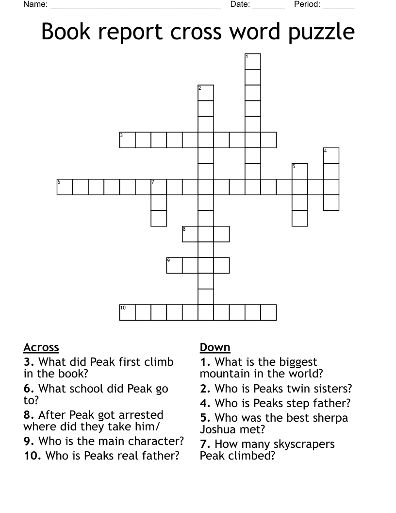 Book report cross word puzzle