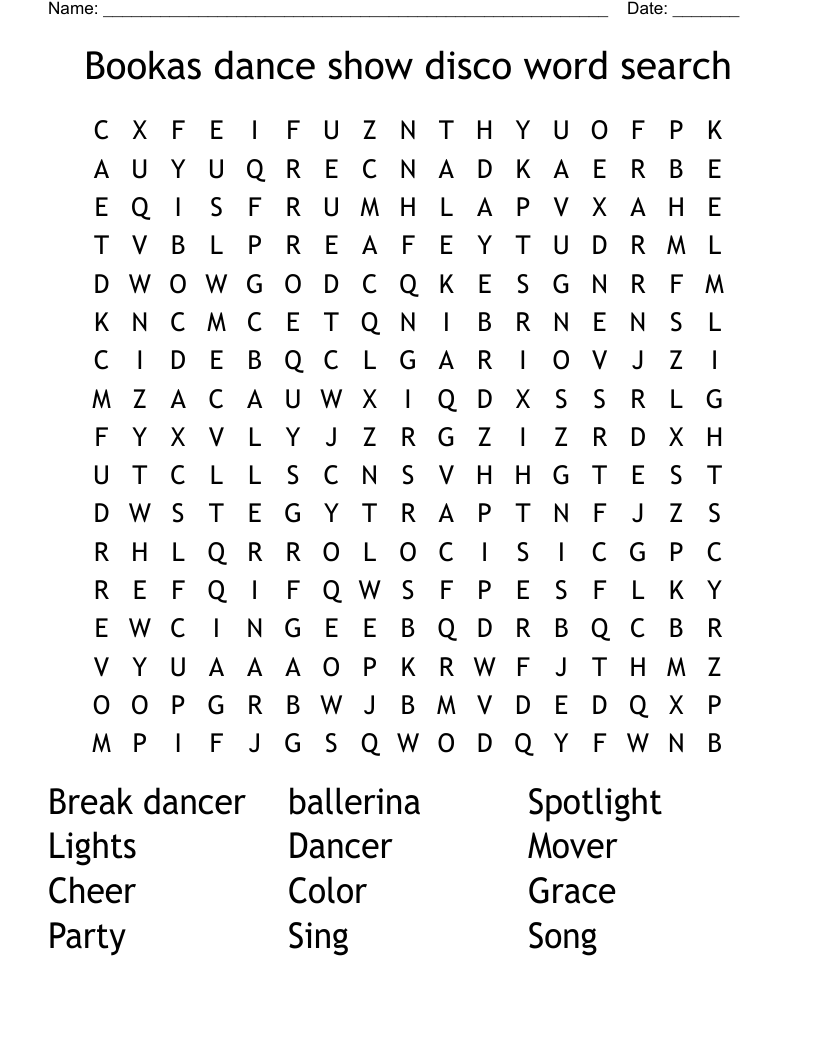 Bookas dance show disco word search