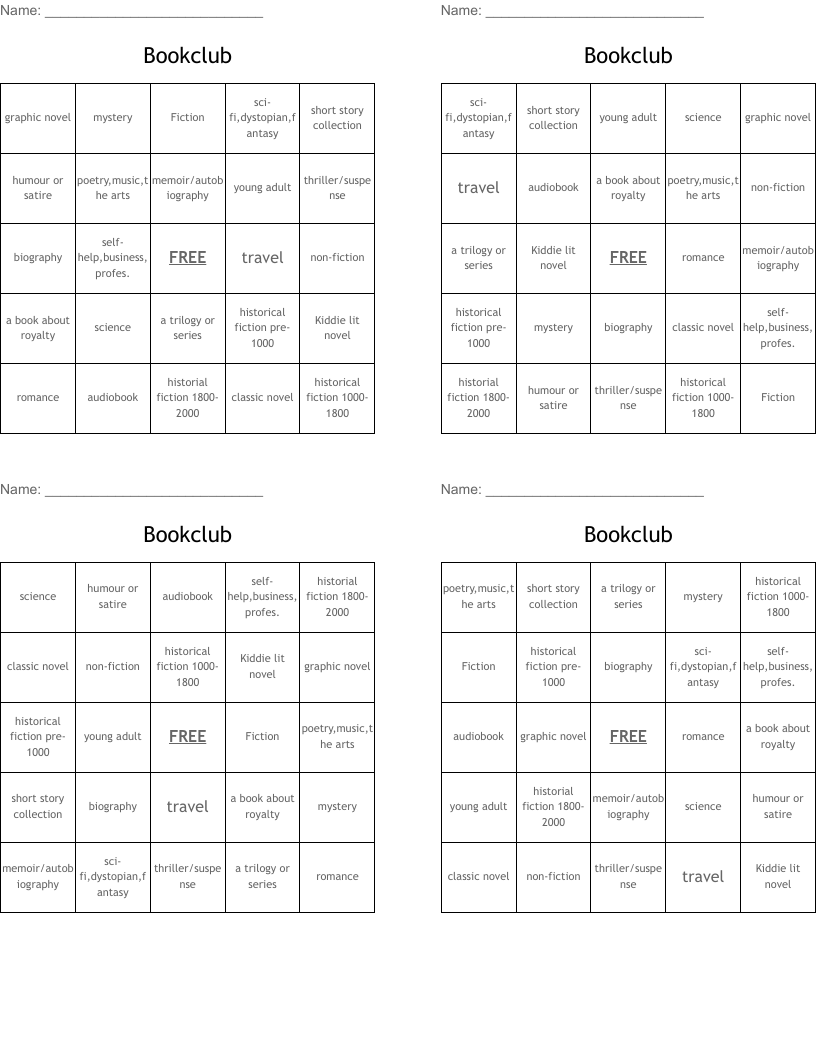 Bookclub Bingo Cards