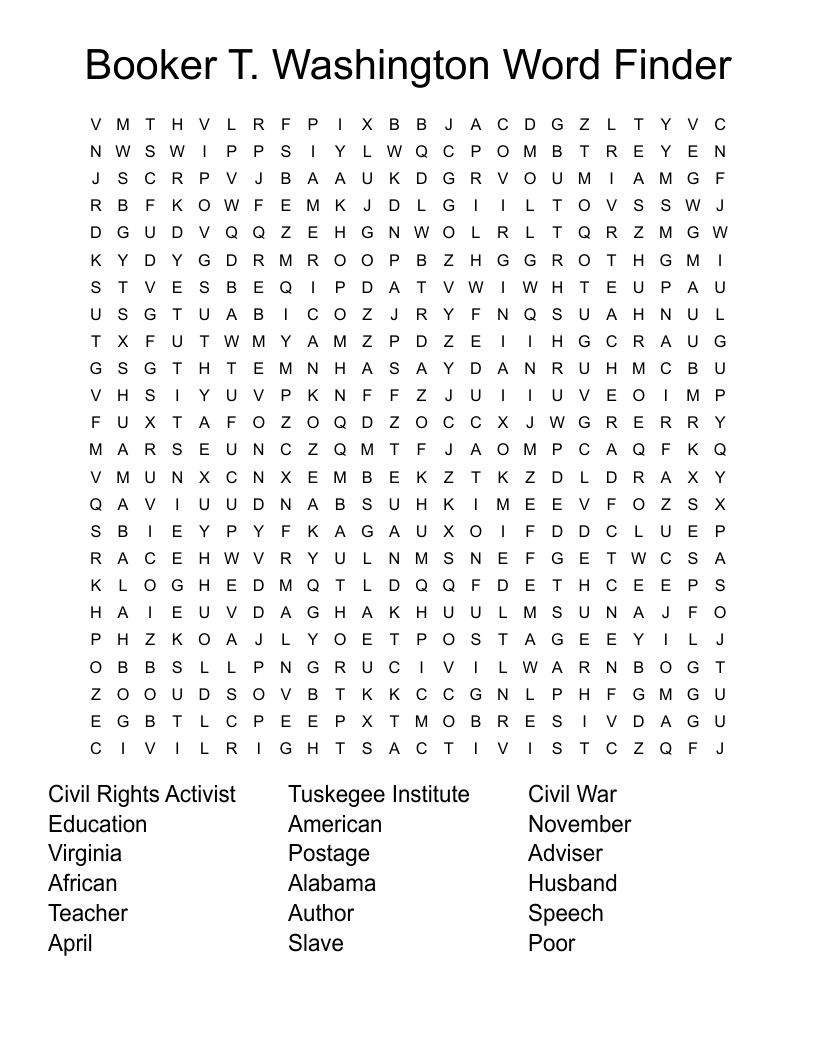 Booker T. Washington Word Finder Word Search