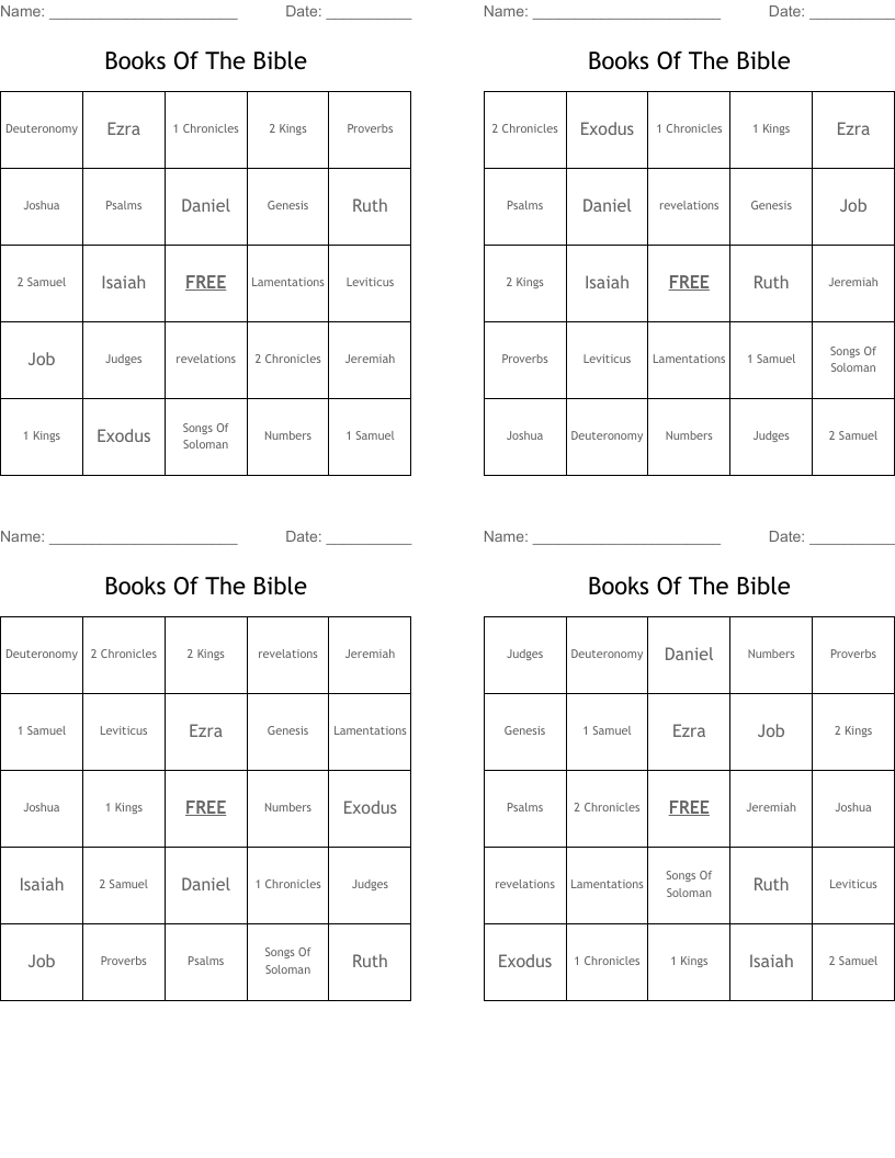 Books Of The Bible  Bingo Cards