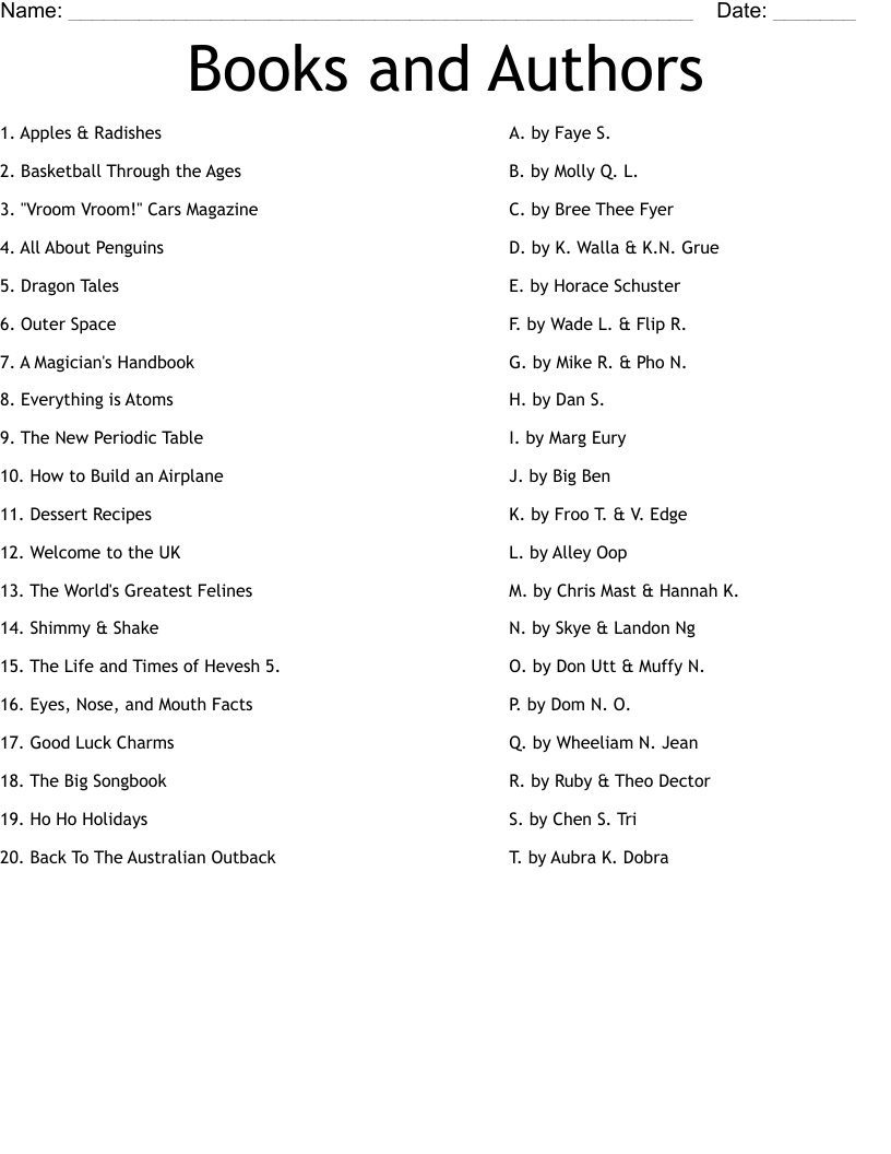 Books and Authors Worksheet