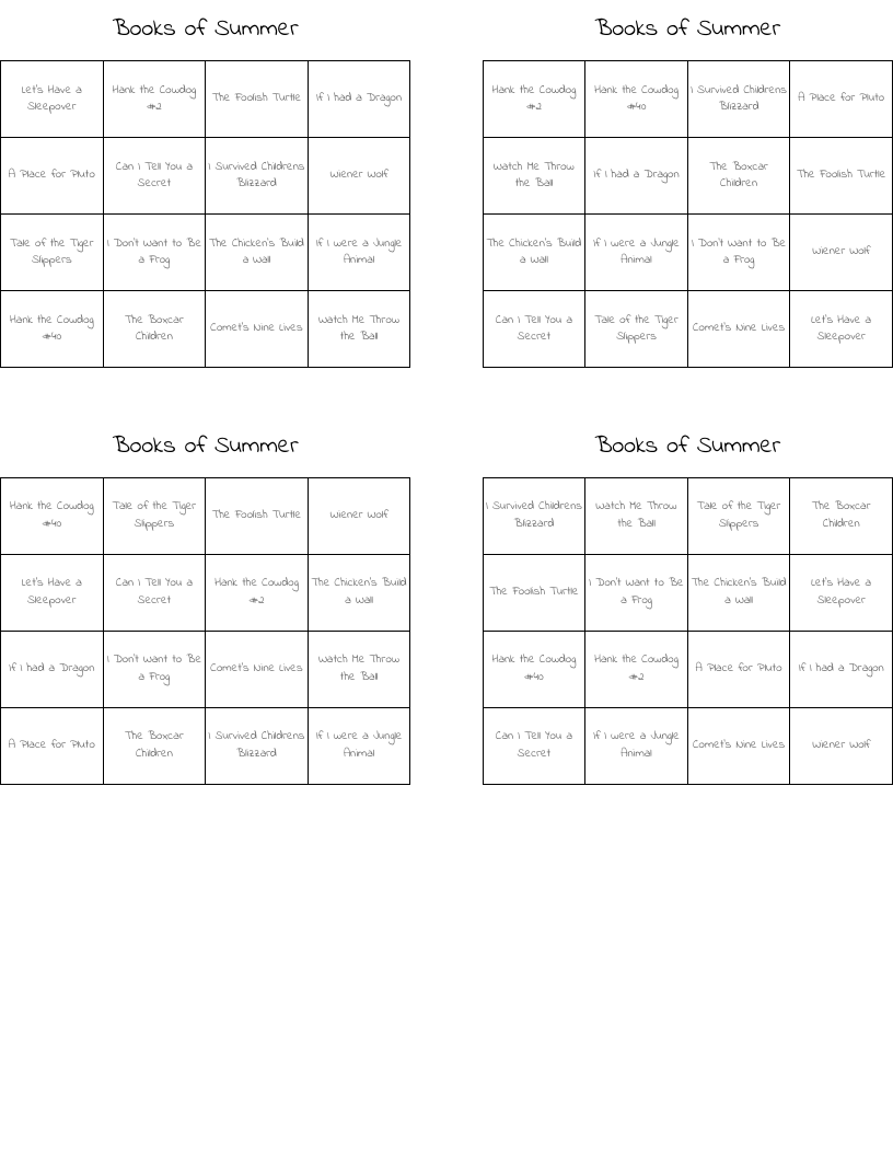 Books of Summer Bingo Cards
