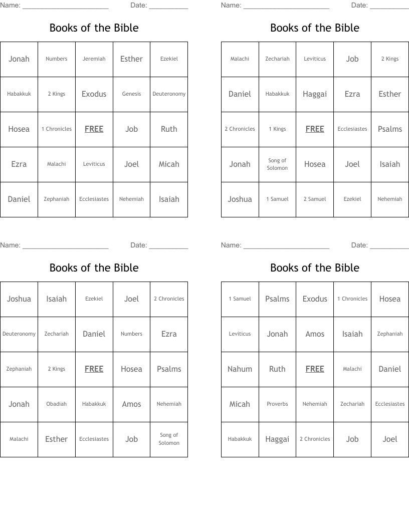 Books of the Bible Bingo Cards