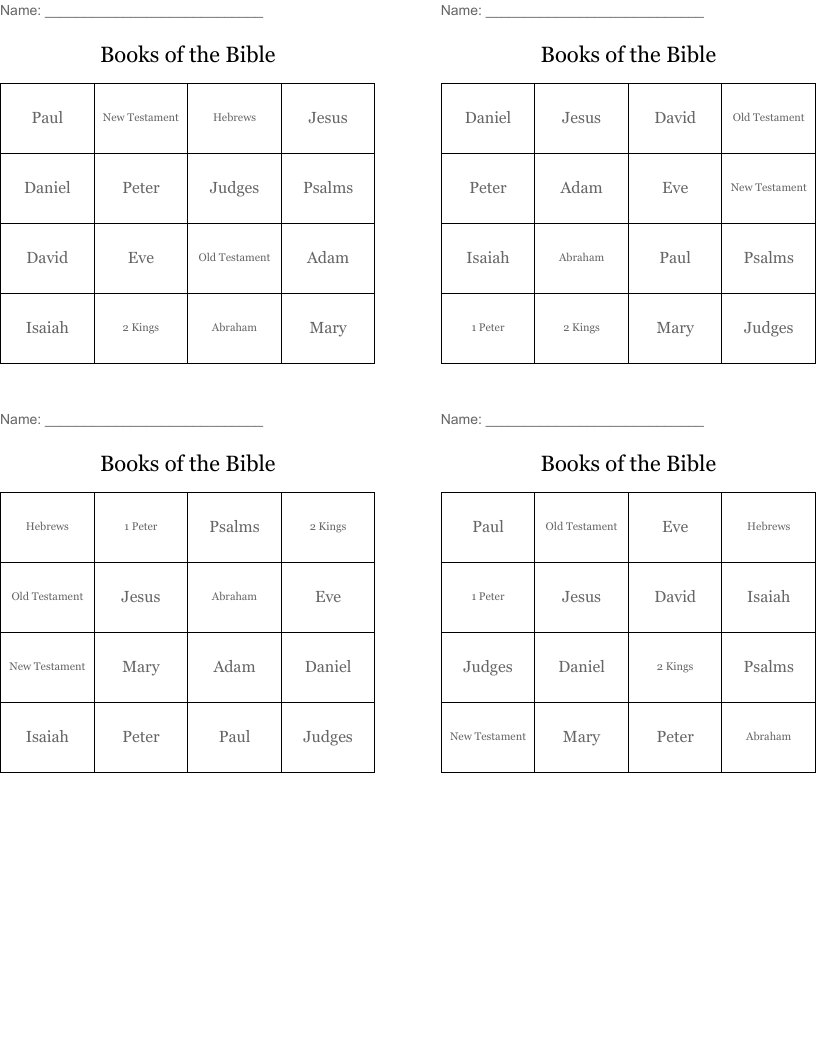 Books of the Bible Bingo Cards