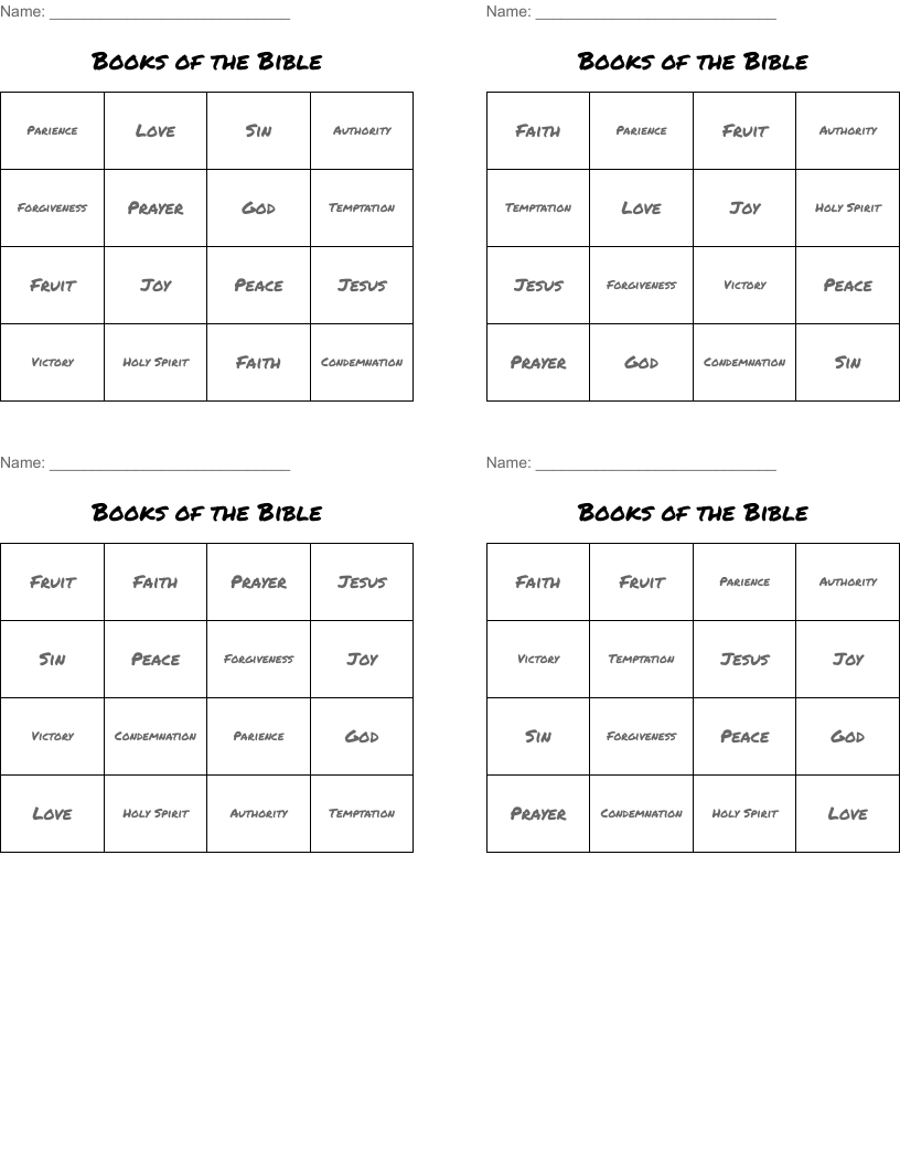Books of the Bible Bingo Cards