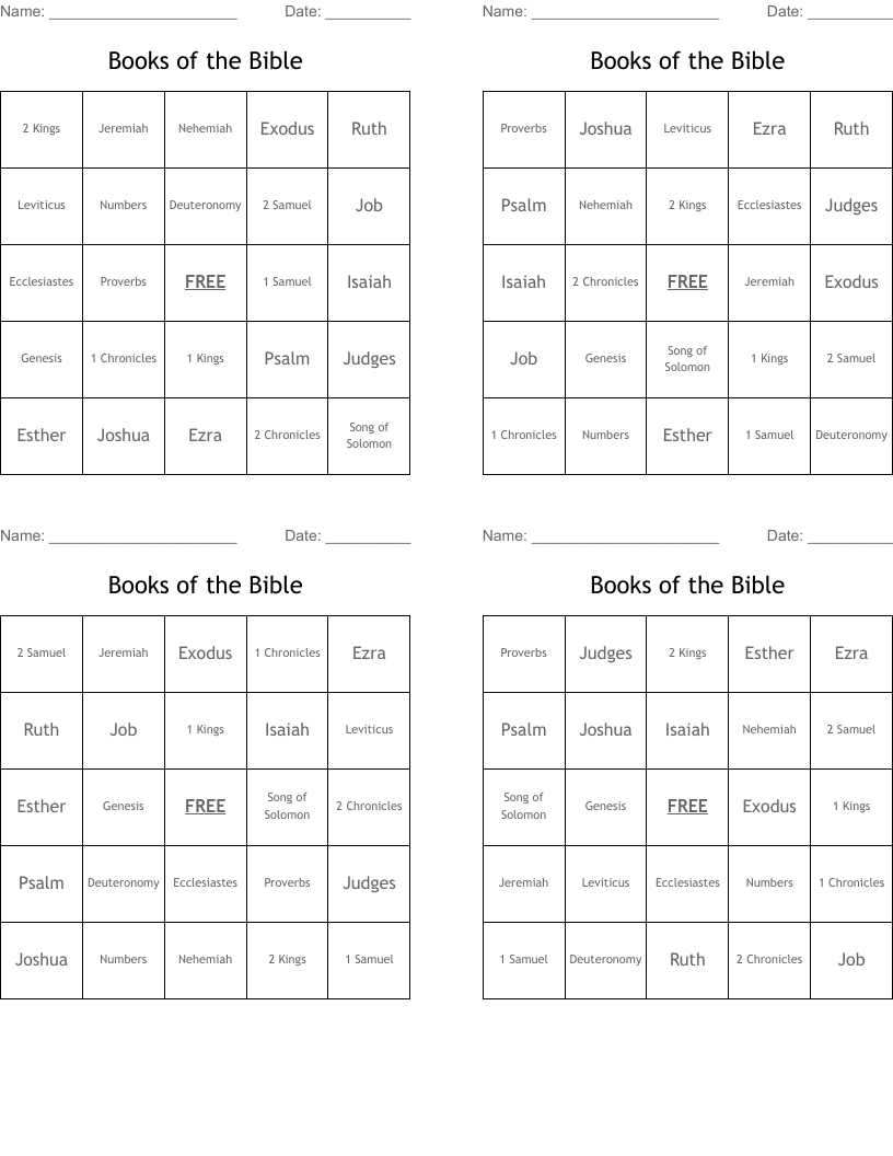 Books of the Bible Bingo Cards