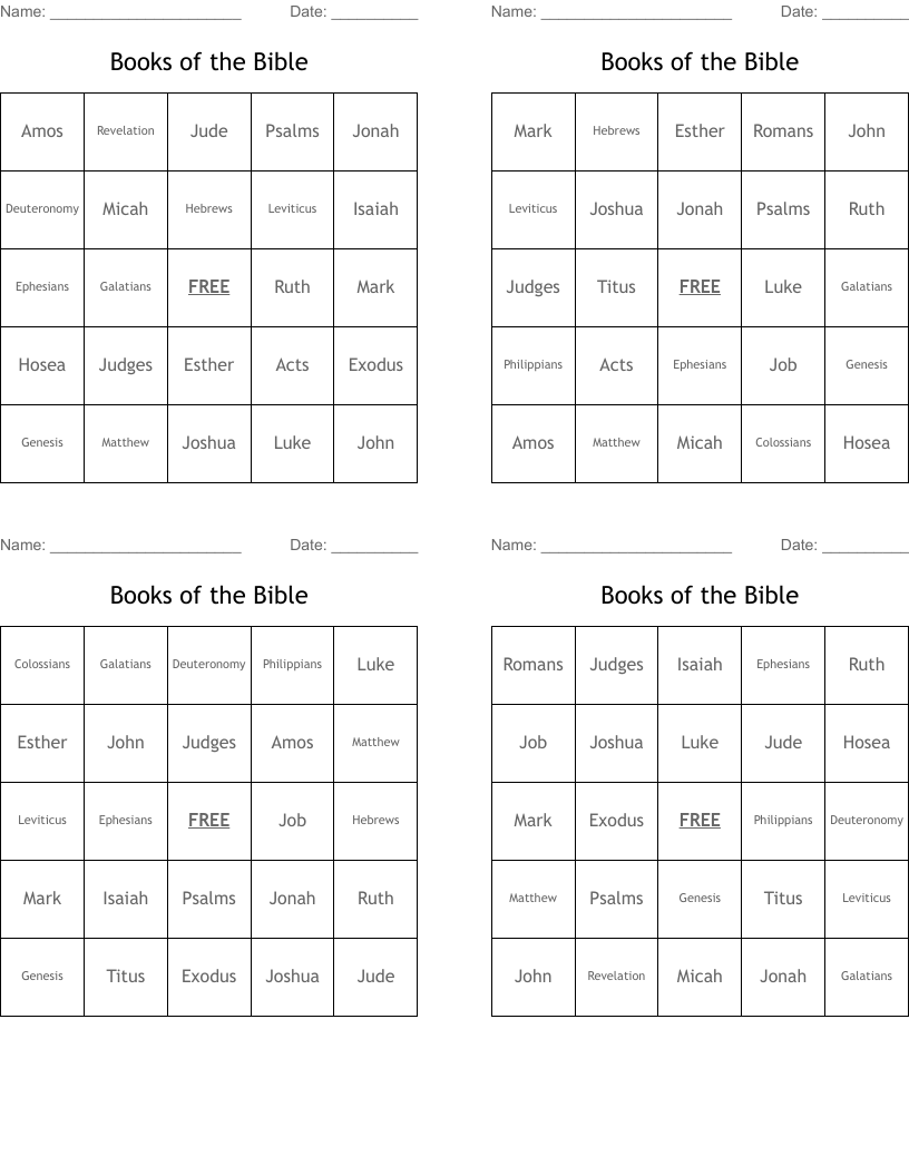 Books of the Bible Bingo Cards