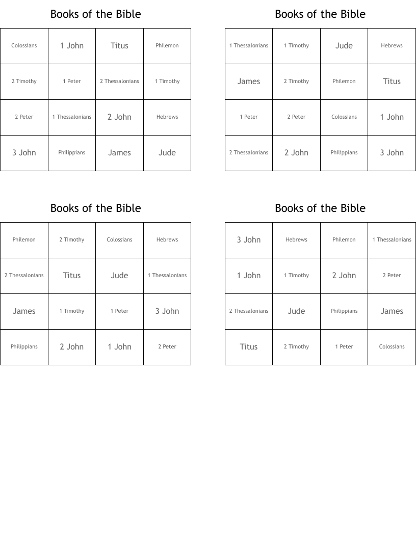 Books of the Bible Bingo Cards