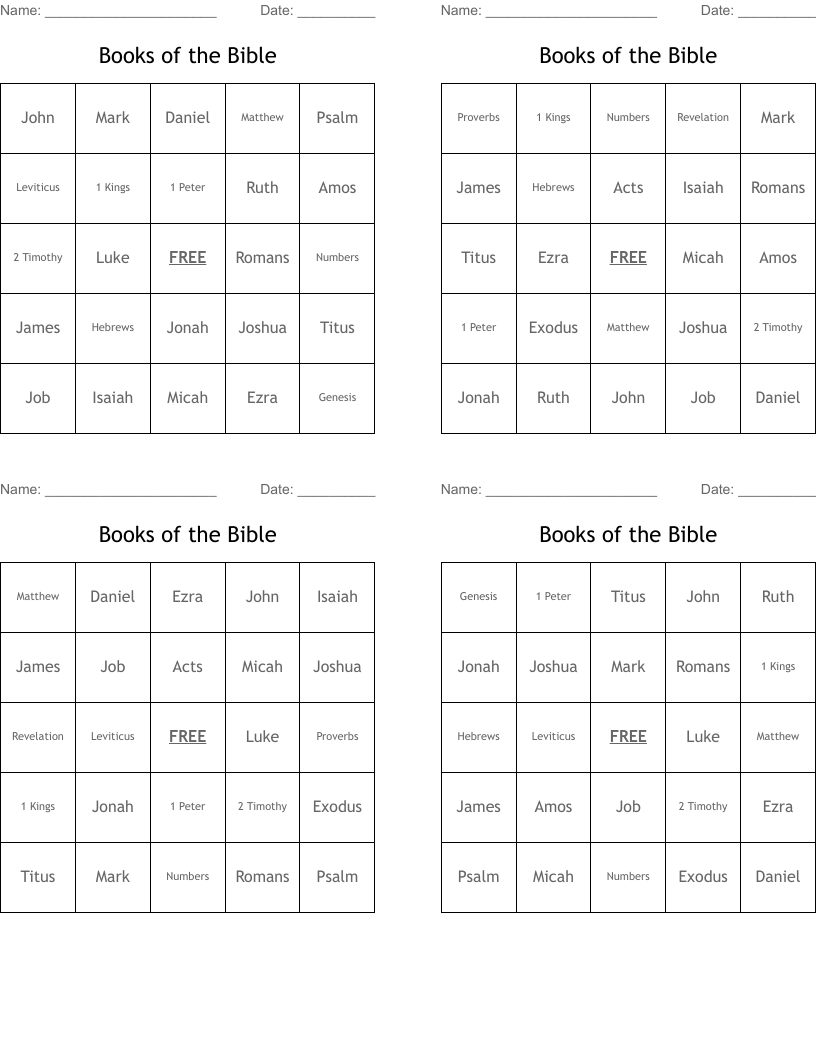 Books of the Bible Bingo Cards