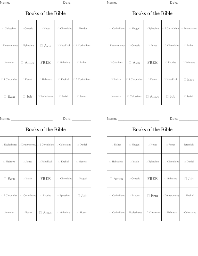 Books of the Bible Bingo Cards
