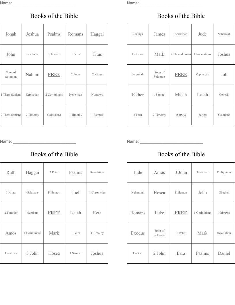 Books of the Bible Bingo Cards