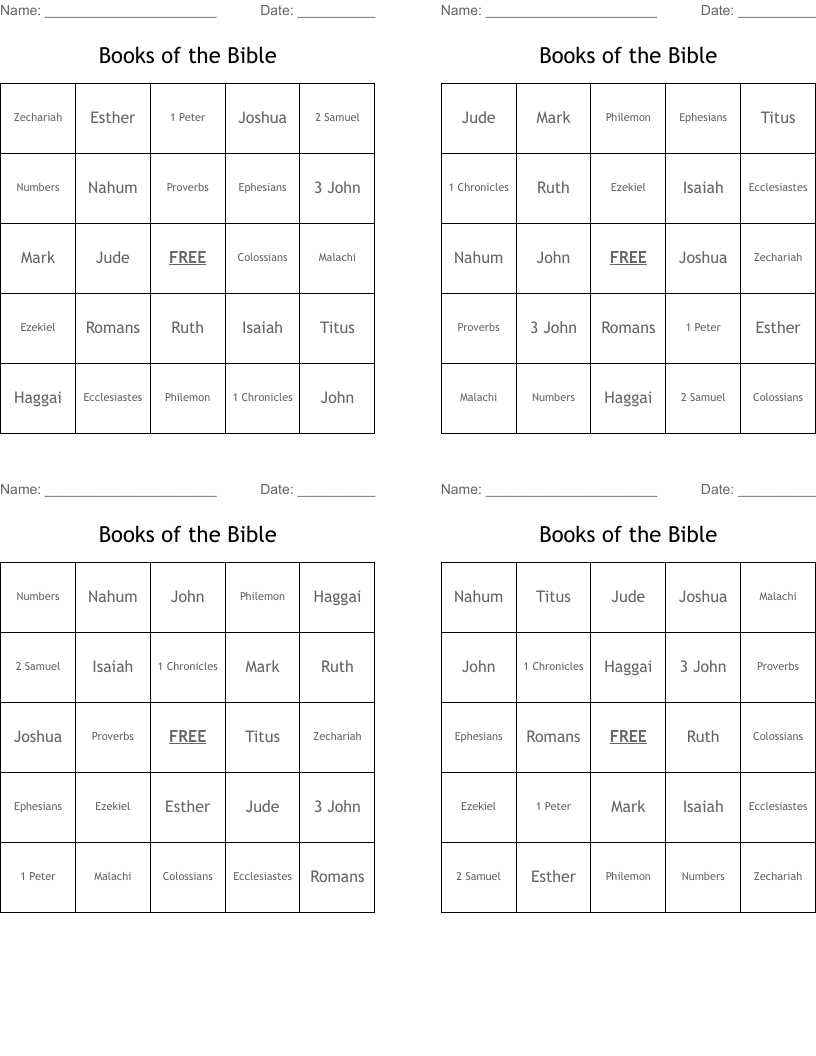 Books of the Bible Bingo Cards