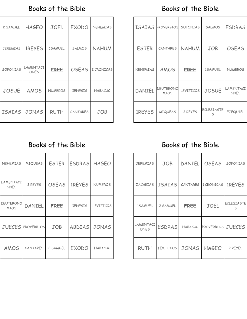 Books of the Bible Bingo Cards