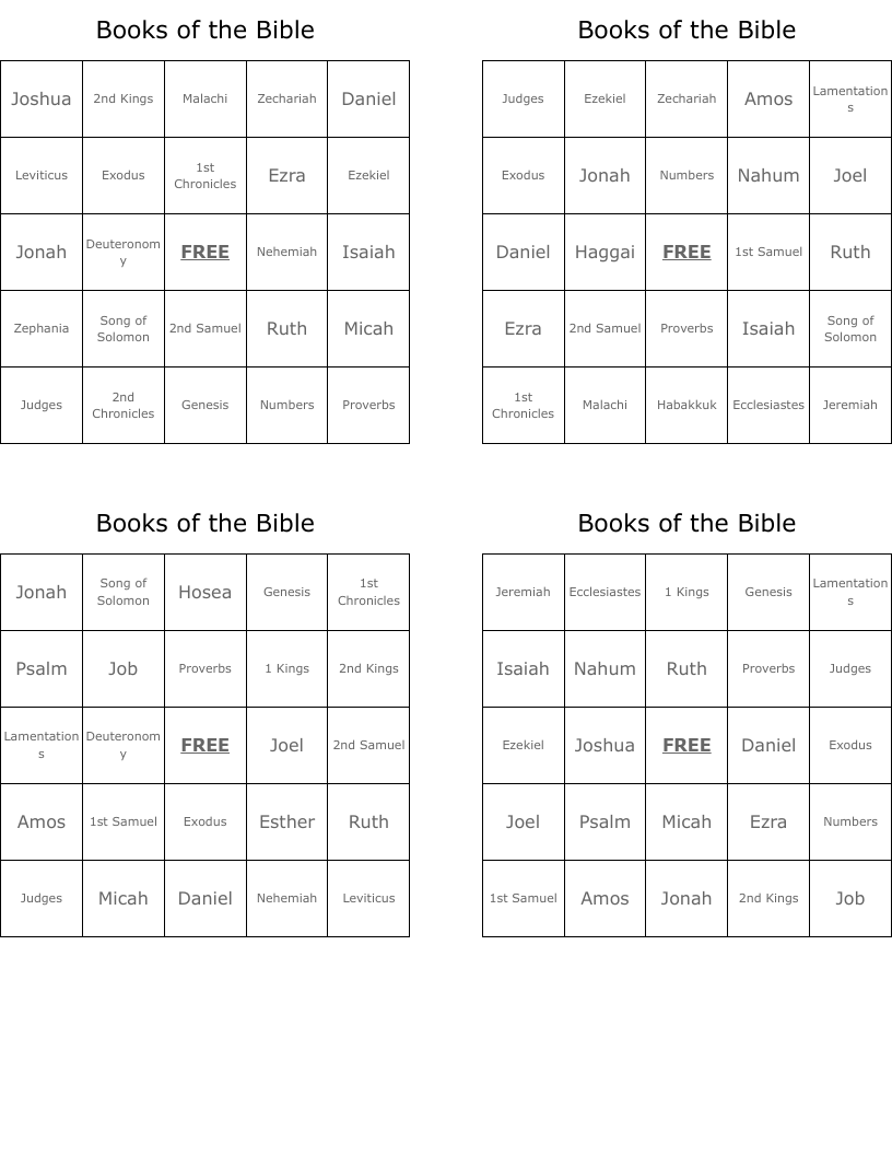 Books of the Bible Bingo Cards
