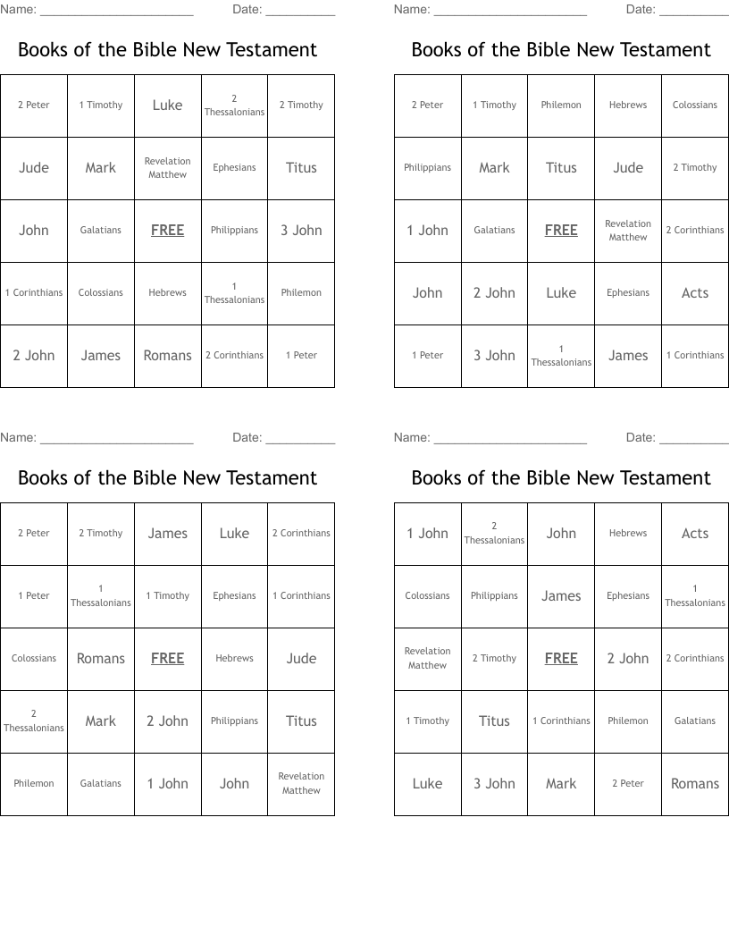 Books of the Bible New Testament Bingo Cards