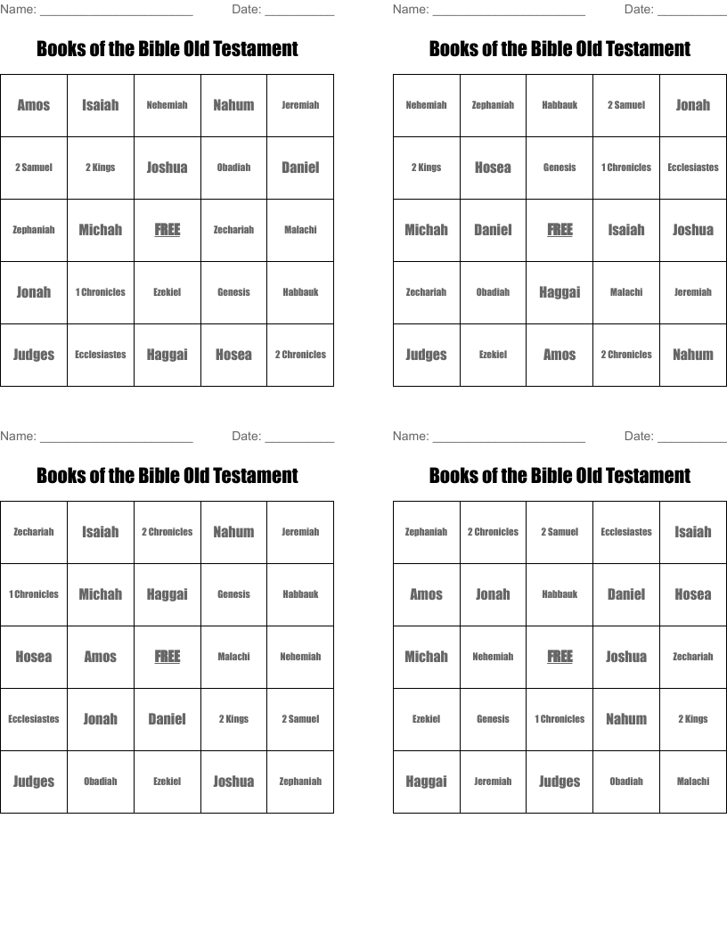 Books of the Bible Old Testament Bingo Cards