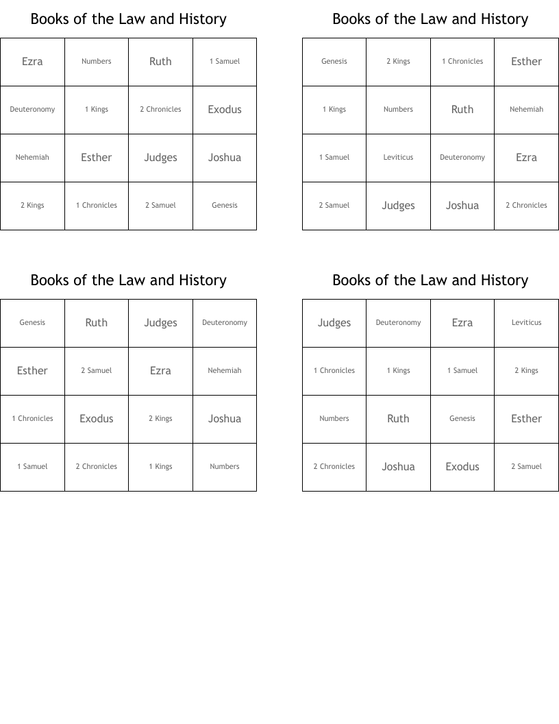 Books of the Law and History Bingo Cards