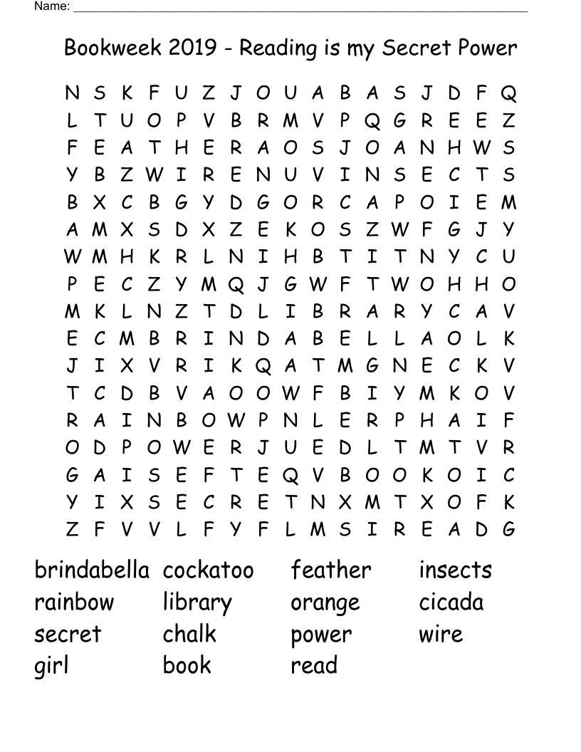 Bookweek 2019 - Reading is my Secret Power  Word Search