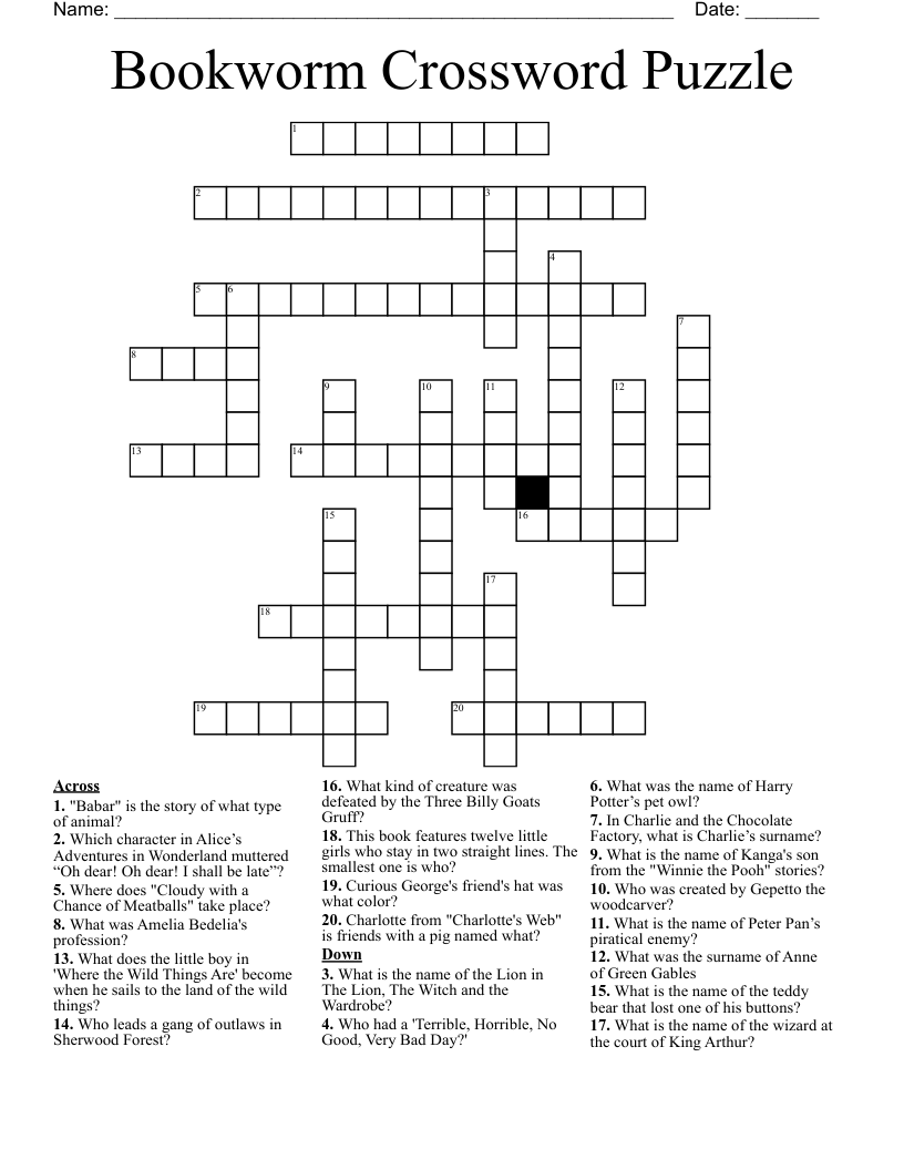 Bookworm Crossword Puzzle