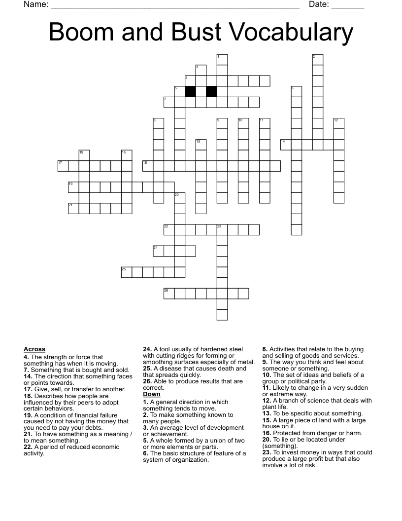 Boom and Bust Vocabulary Crossword