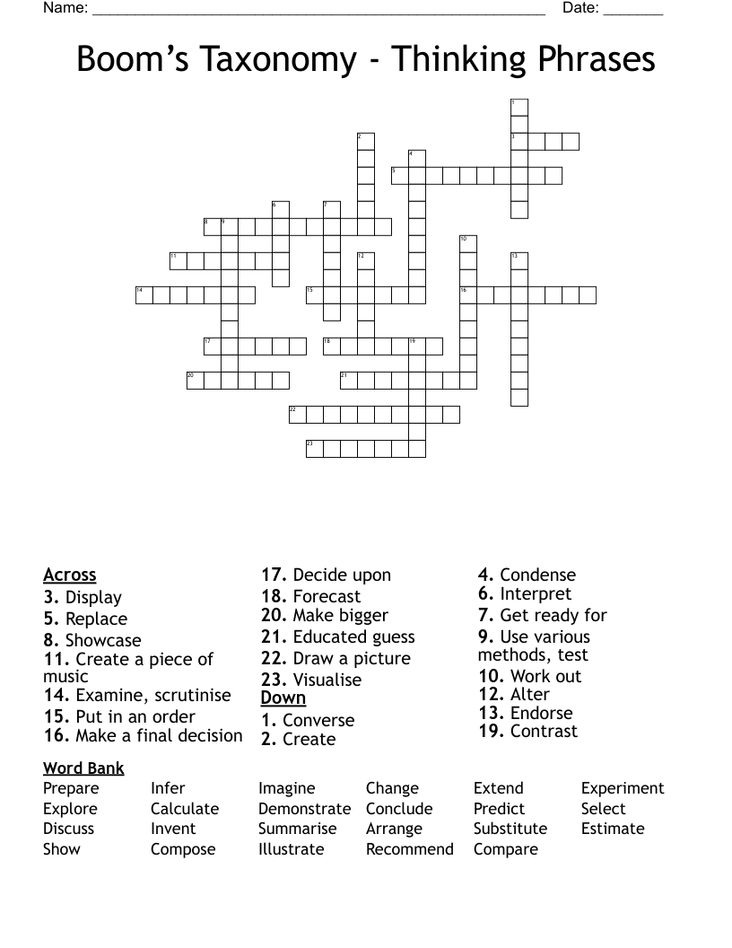 Boom’s Taxonomy - Thinking Phrases Crossword