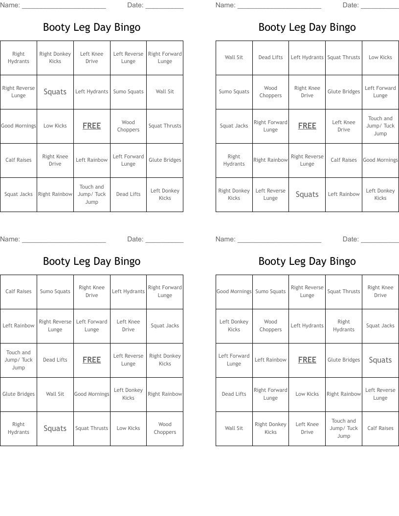 Booty Leg Day Bingo