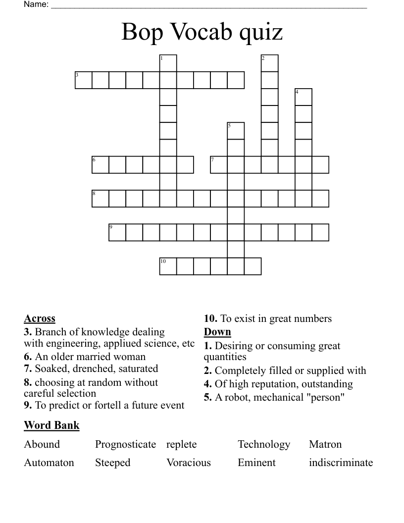 Bop Vocab quiz Crossword