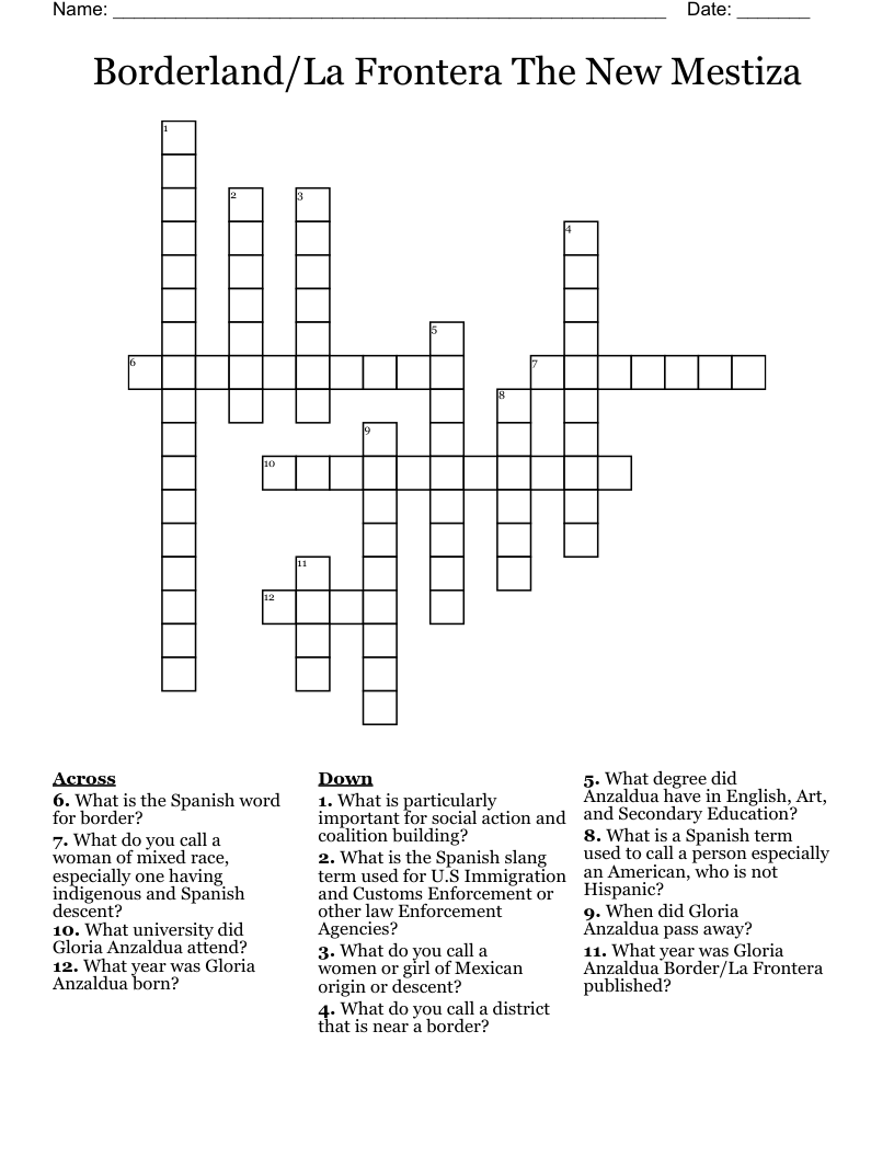 Borderland/La Frontera The New Mestiza Crossword