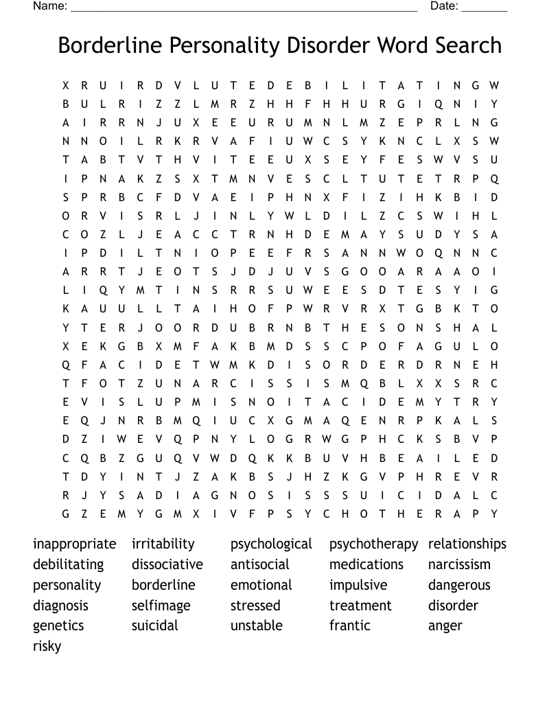 Borderline Personality Disorder Word Search