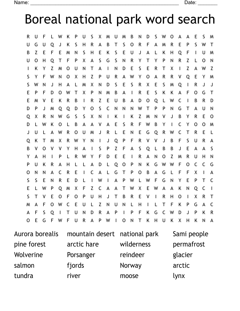 Boreal national park word search