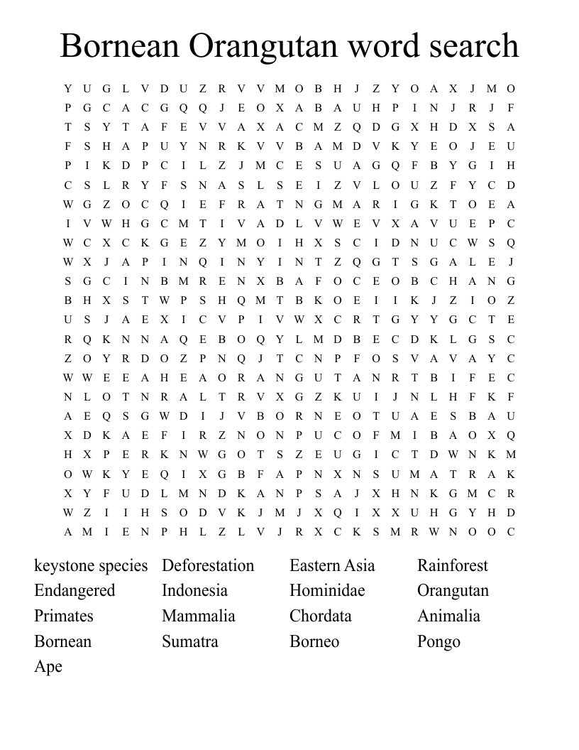 Bornean Orangutan word search