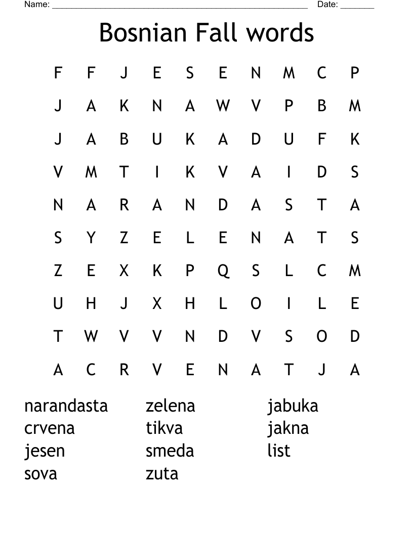 Bosnian Fall words Word Search