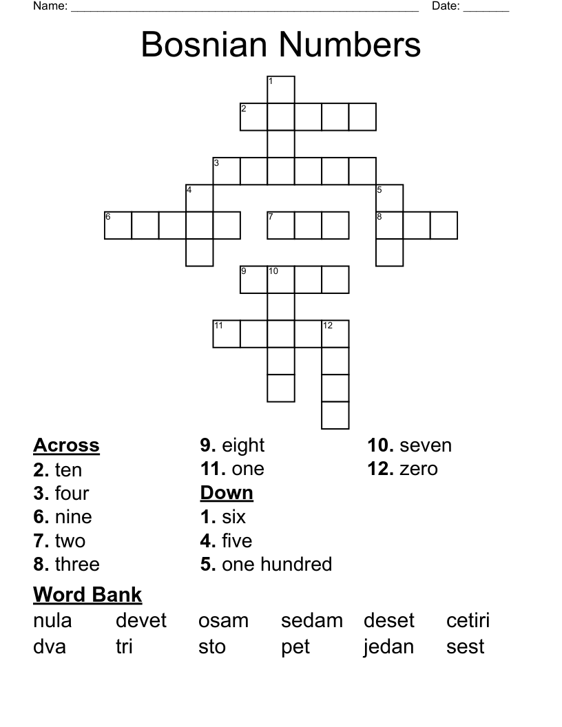 Bosnian Numbers Crossword