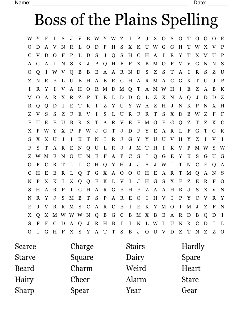 Boss of the Plains Spelling Word Search